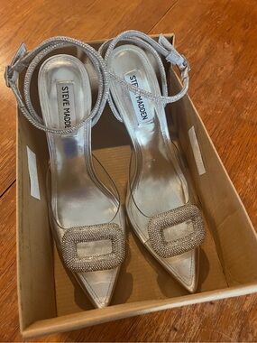 Steve Madden Silver Rhinestone Buckle Pointed Ankle-Strap Pumps